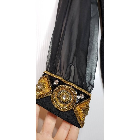 VTG Ursula Switzerland Petite Black Sheer Long Sleeve Gold Beaded Cocktail Dress - Picture 3 of 15